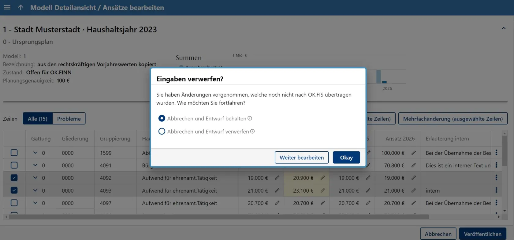 Screenshot der Maske "Entwurf" der Ansatzerfassung im Modul "Haushaltsplanung" aus der web- und cloudbasierten Finanzsoftware OK.FINN der AKDB.
