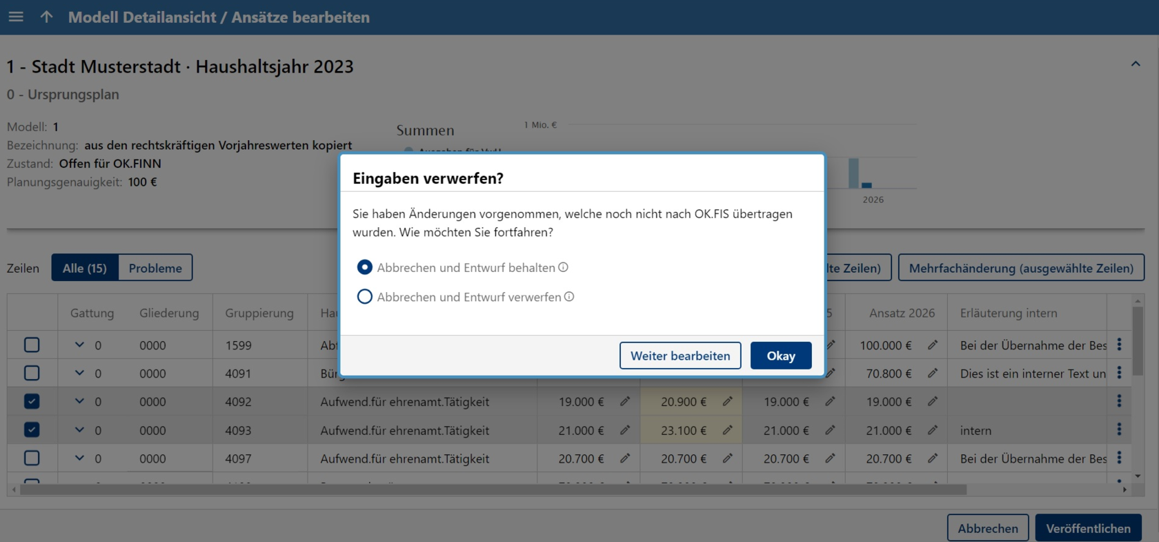 Screenshot der Maske "Entwurf" der Ansatzerfassung im Modul "Haushaltsplanung" aus der web- und cloudbasierten Finanzsoftware OK.FINN der AKDB.