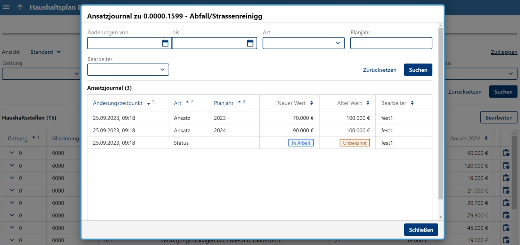 Screenshot der Maske "Ansatzjournal" der Ansatzerfassung im Modul "Haushaltsplanung" aus der web- und cloudbasierten Finanzsoftware OK.FINN der AKDB.