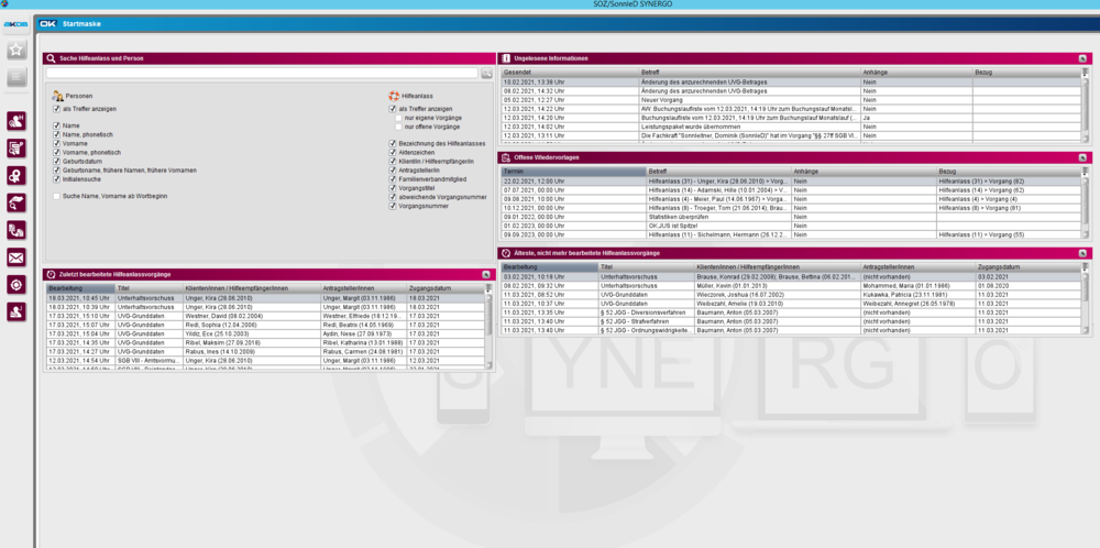 Screenshot der Software für Jugend- und Sozialhilfe "Individueller Startbildschirm"