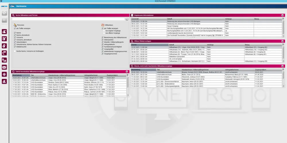 Screenshot der Software für Jugend- und Sozialhilfe "Individueller Startbildschirm"